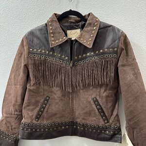 Scully Women Large Leather Fringe Chocolate Studs Suede Western NWT Queen Biker